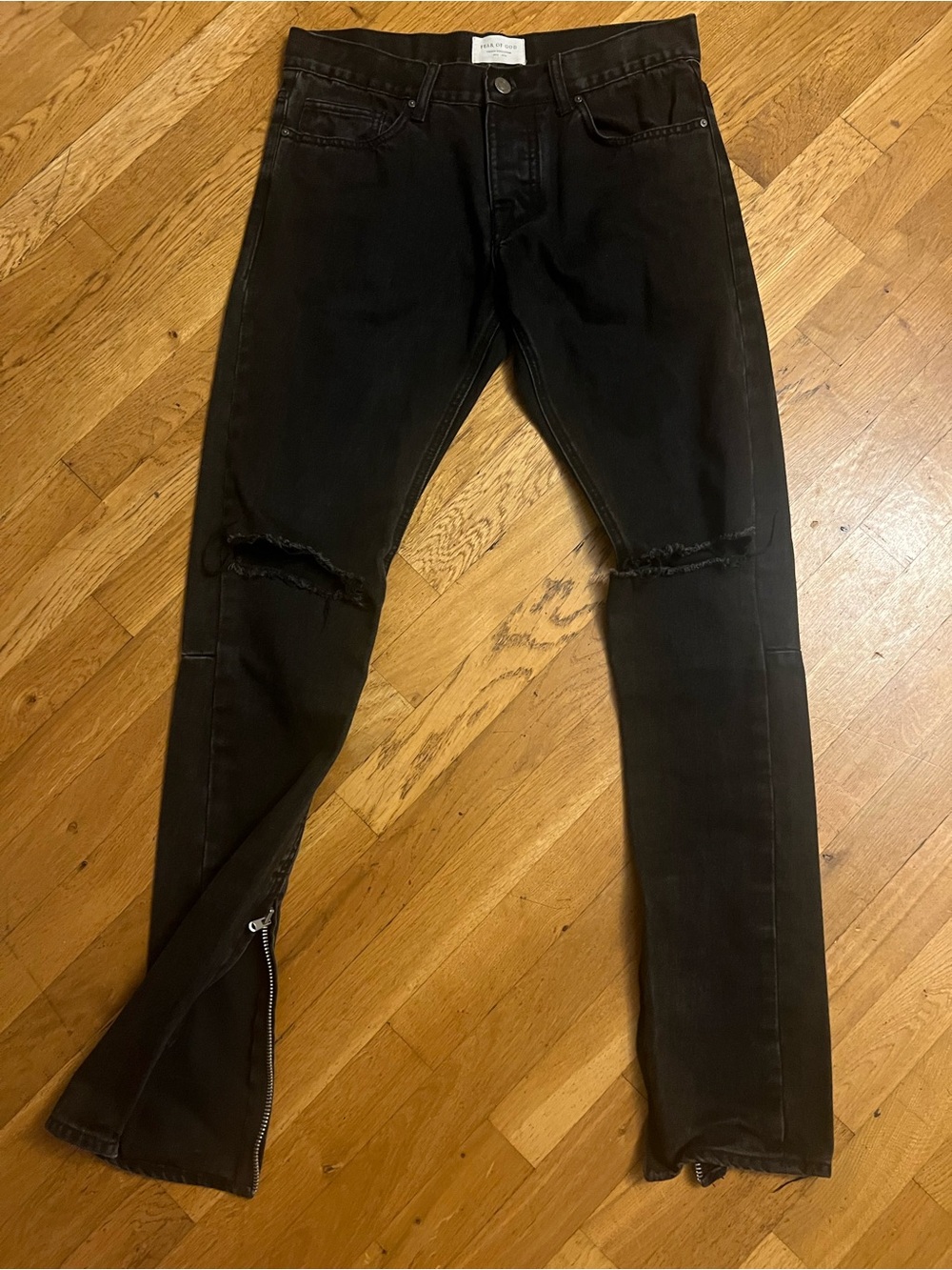 Fear of God Slim Black Jeans with Knee Rips and Ankle Zippers